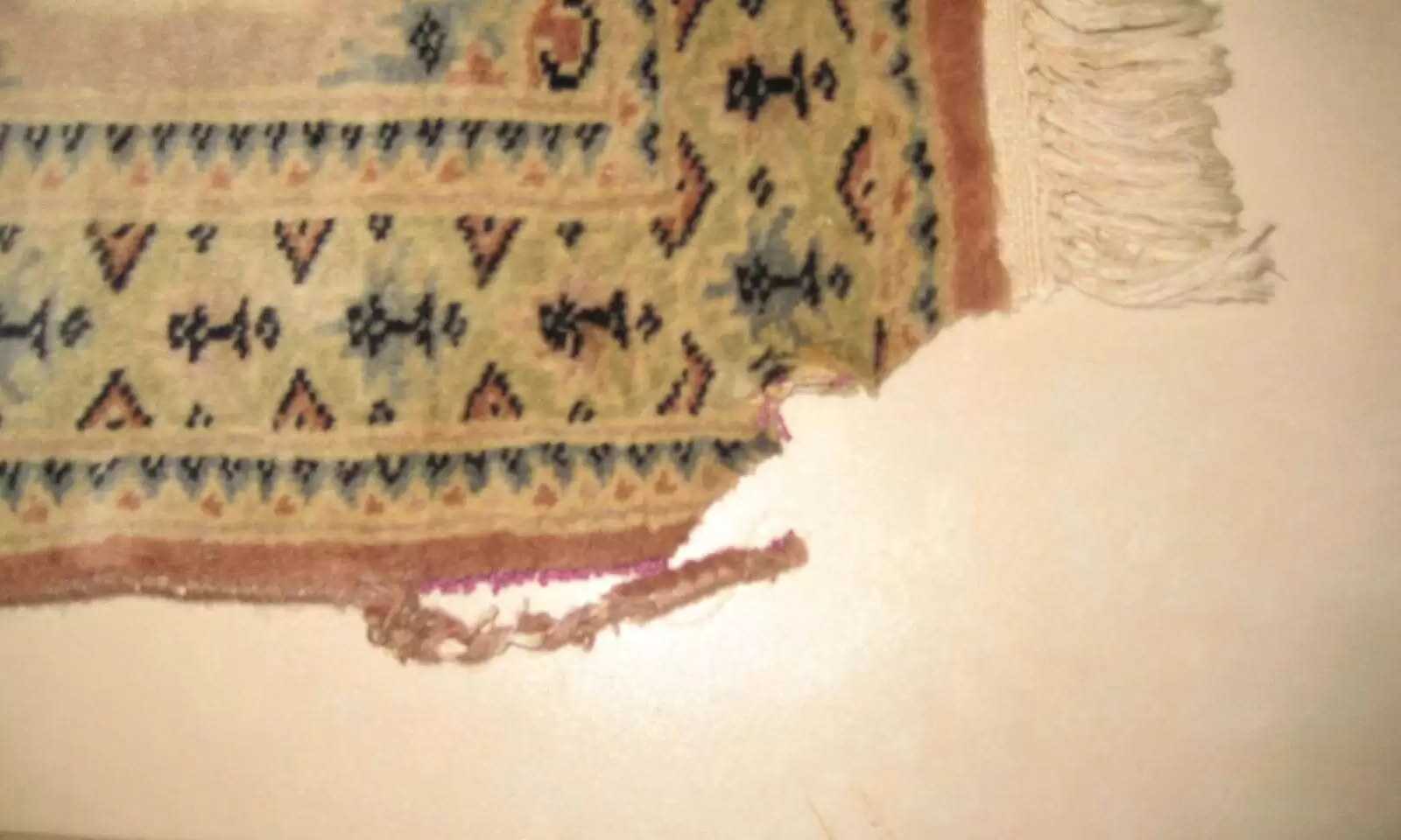 Tapis avant restauration, montrant une déchirure nette et visible sur la trame.