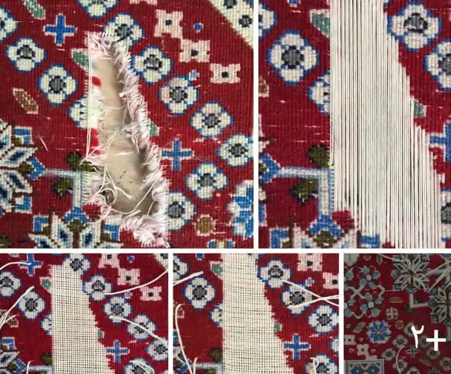 Tapis persan Nain avant réparation, présentant un gros trou visible